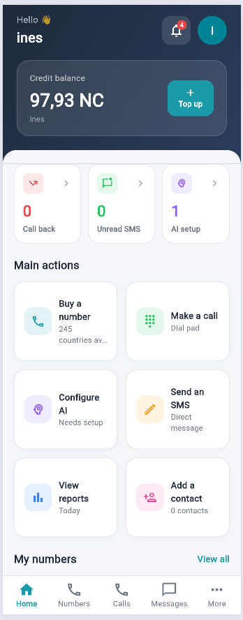 NovaCall dashboard showing customer activity